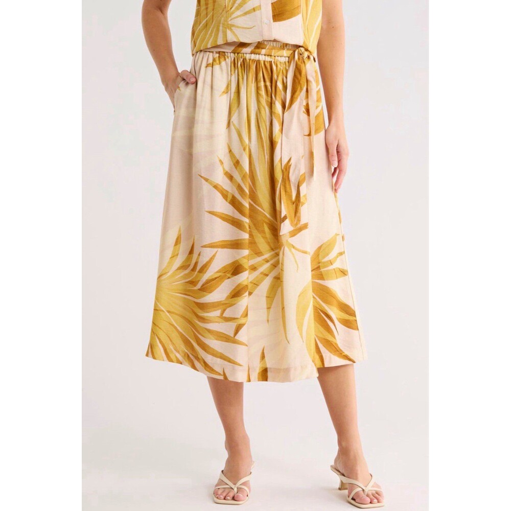 Joie Palm Print Midi Skirt Size 6 Lilac Gold Elastic Waist Pockets NWT $88